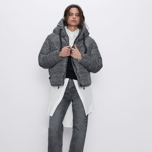 ZARA Black and White Hooded Puffer Jacket